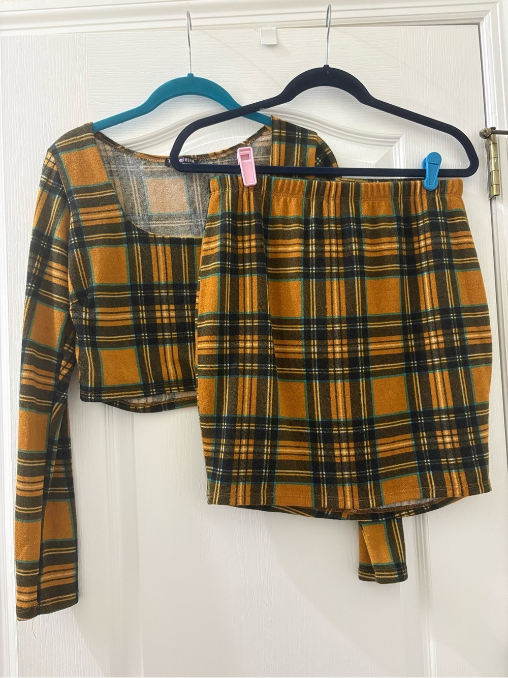 Plaid Mustard Yellow Mini Skirt and Long Sleve Crop Top